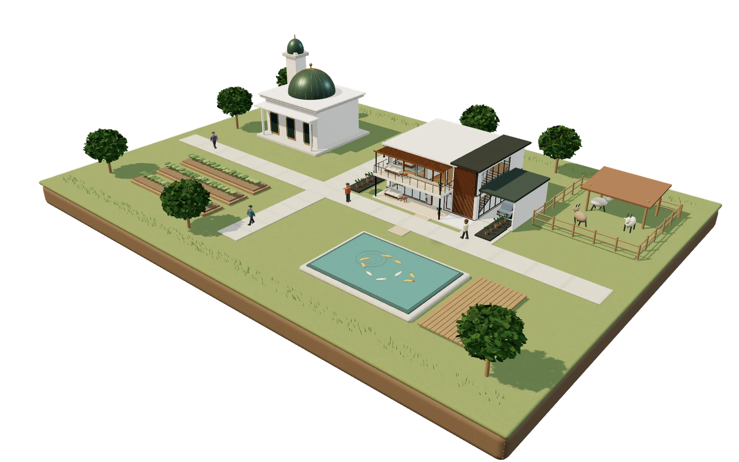 Pulau Imajinasi — a mosque, house, field, fish pond and animal pen on one floating island. Every building is clickable.